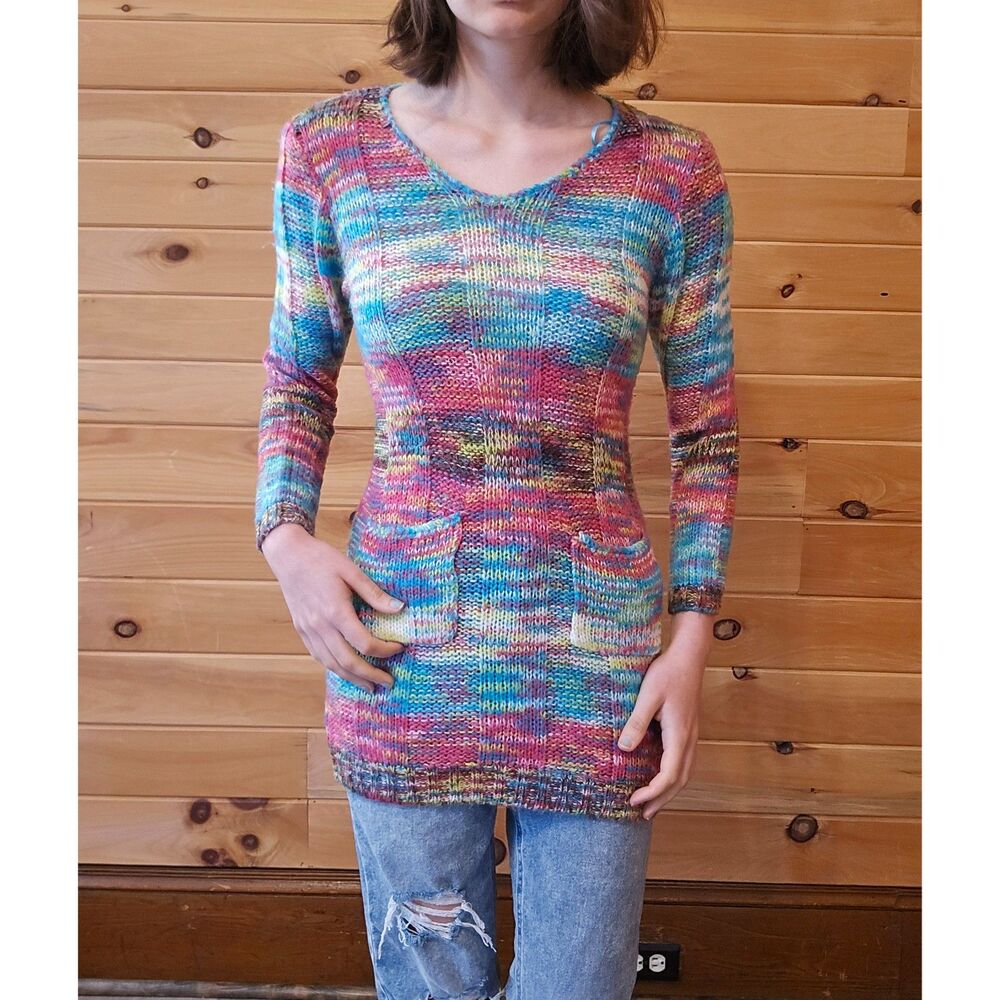 Women's Y2K 2000s Miss Understood Multi Color Rainbow Knit Bodycon Sweater Dress